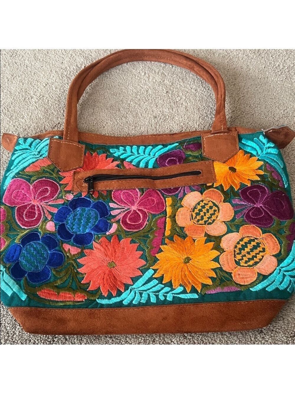 Mexican Brown Suede Shoulder Bag Multicolored Flower Embroidered